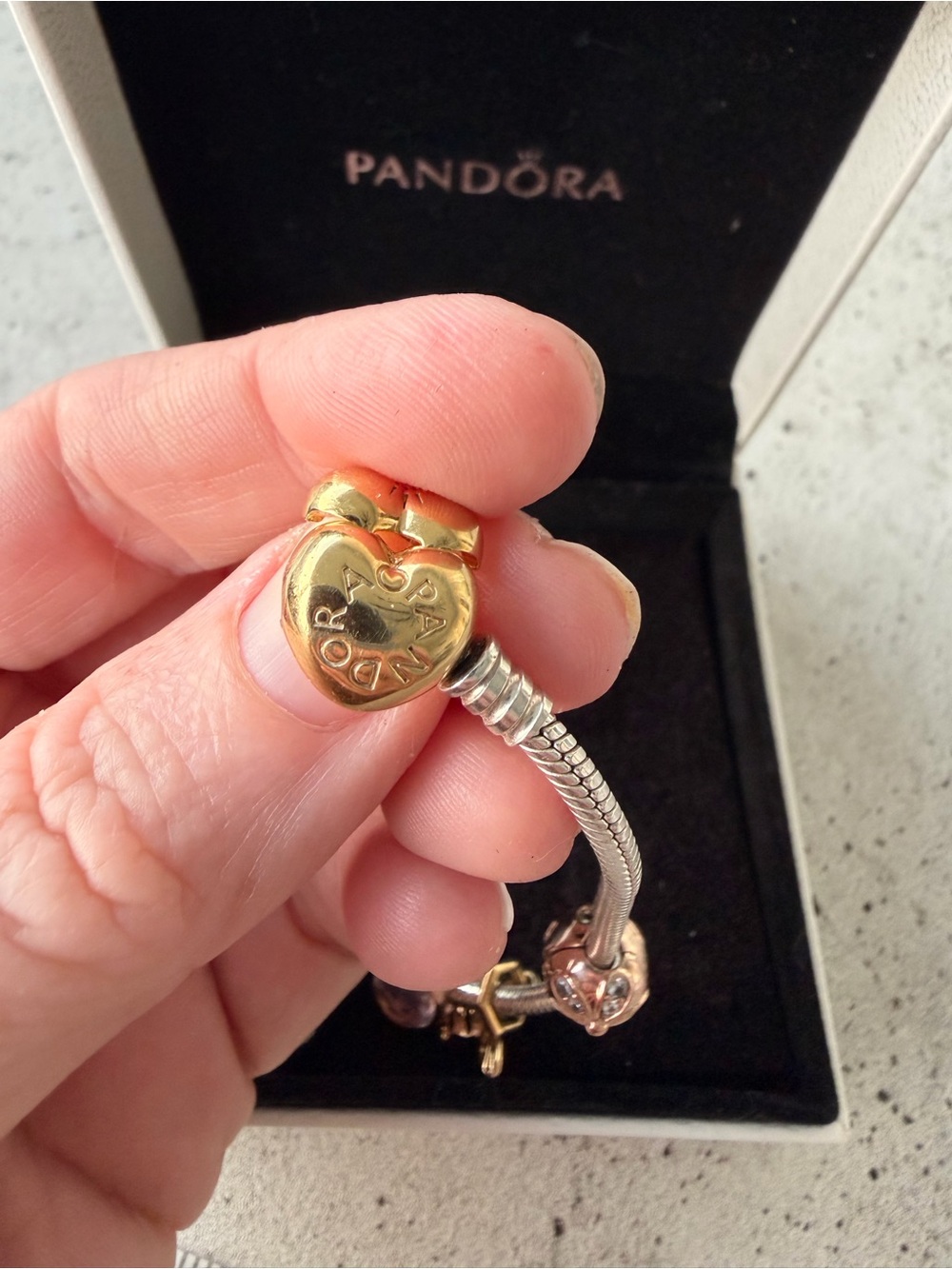 2 Pandora Two-Tone Charm Bracelets with Rose Gold Floral Charms & Gold Bee - Picture 4 of 15